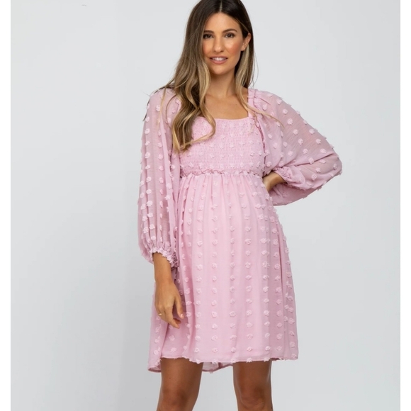 Listicle Pink Smocked Puff Sleeve Textured Dot Dress Size Large - Picture 1 of 13